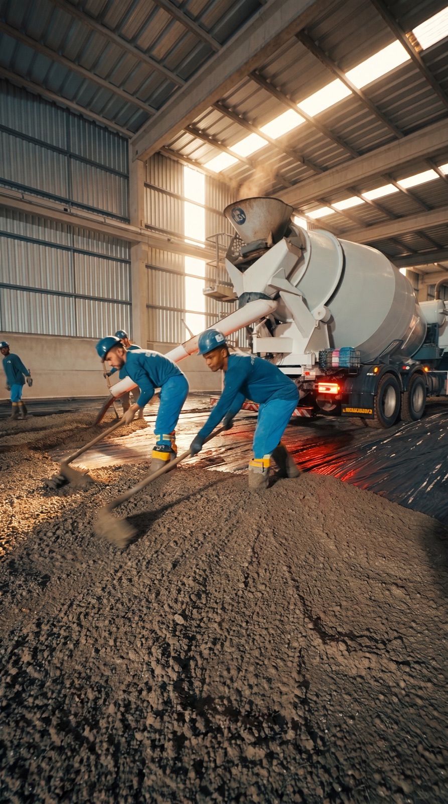 Equipe da SS Engenharia no lançamento e espalhamento do concreto